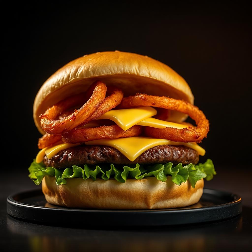 Hambúrguer com onion rings e queijo cheddar