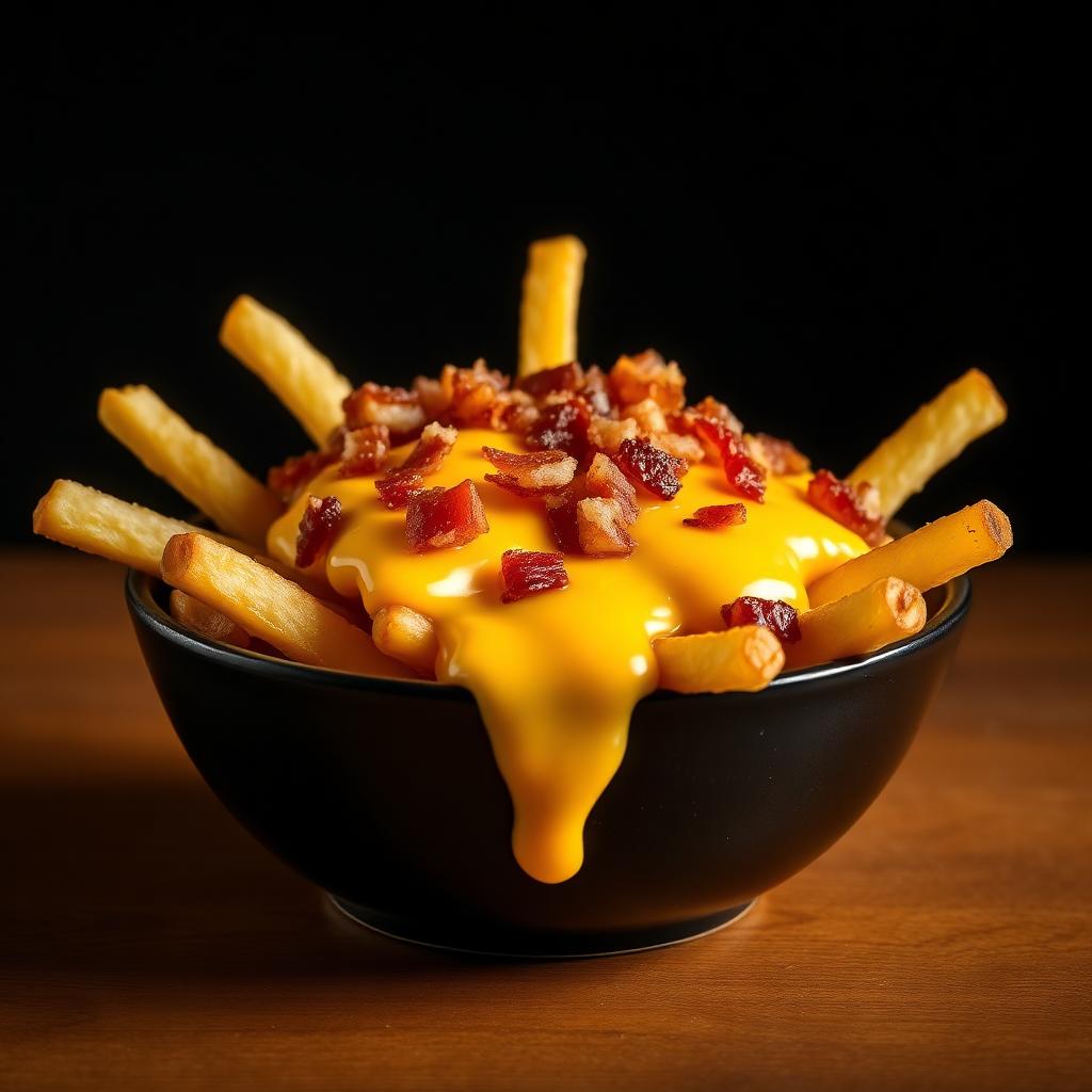 Batata frita com cheddar e bacon em tigela preta